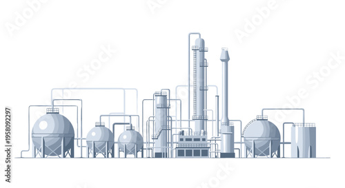 A monochromatic industrial complex with processing towers and storage containers is on a white background.
