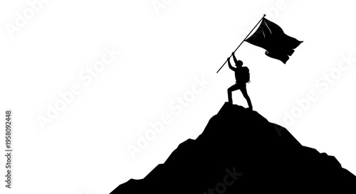 Vector silhouette of man holding flag on mountain peak