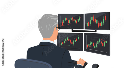 An older man in a suit and glasses is observing four computer monitors displaying financial candlestick charts.