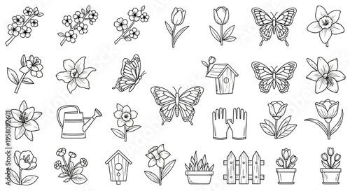 Black and white garden icons set.