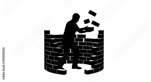 Black silhouette of man breaking brick wall vector icon