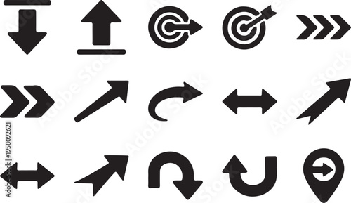 Collection of black arrow icons representing direction navigation and targets perfect for web design and user interface elements