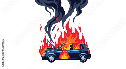 A blue hatchback car is on fire with its hood open, emitting thick black smoke in a pixel art style.