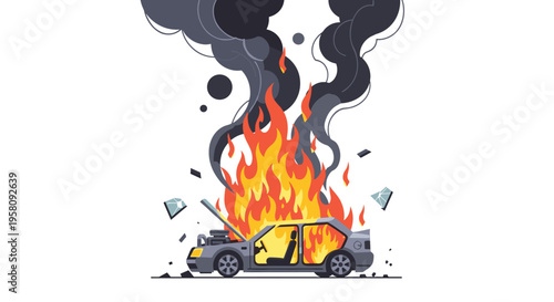 A grey car is heavily damaged and burning with its hood open, surrounded by shattered glass and black smoke.