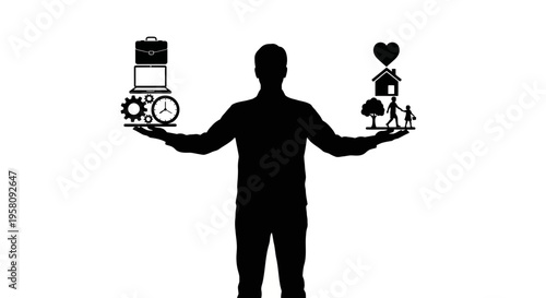 Silhouette of man balancing technology and nature icons vector