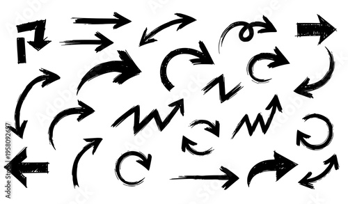A collection of black arrows on a white background in various directions and styles