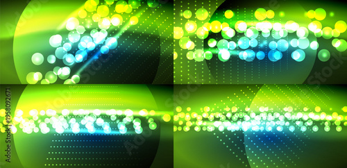 Bright green abstract background. Numerous glowing circles, lines create dynamic visual effect. Dark backdrop enhances luminosity.