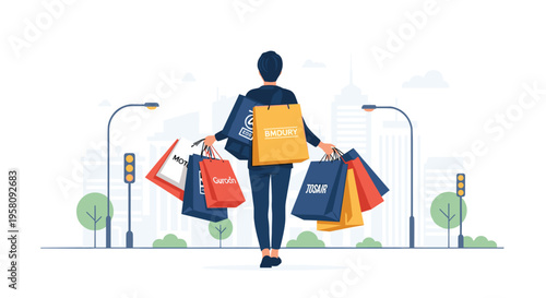 A person walks away from the viewer, carrying numerous shopping bags with various brand names in a minimalist city scene.