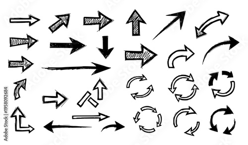 A collection of hand-drawn arrows and direction symbols in black and white