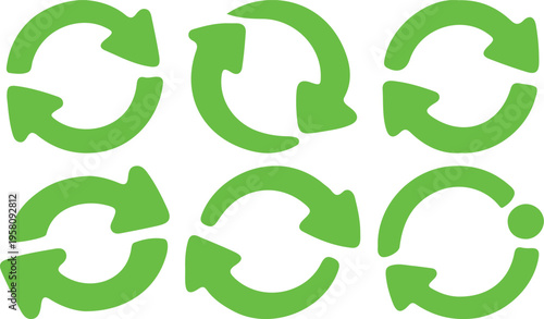 Set of green circular arrow icons representing refresh and recycle concepts perfect for web design UI elements and infographics on a white background