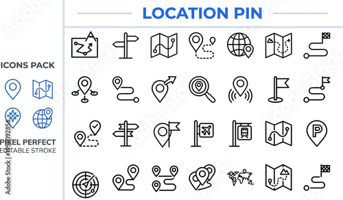 Navigation Outline Vector Icon Set — Map, Location, Route, Compass and GPS Symbols