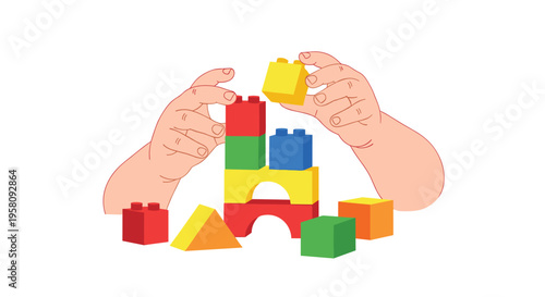 Two child's hands are actively engaged in building a colorful structure with various building blocks.