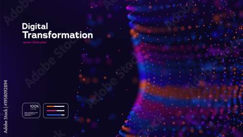 Digital Transformation Abstract Background With Glowing Data Waves And Particle Flow. Futuristic Technology Concepts Big Data Visualizations. Digital Transformations Innovations. Vector Illustration.