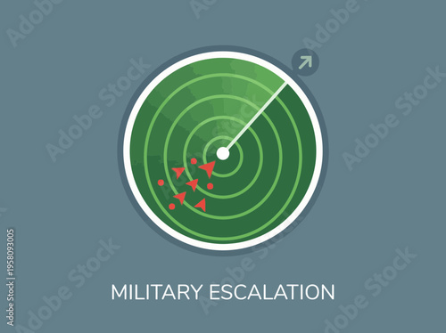 Minimalist radar screen displaying multiple red triangular targets and a single white arrow indicating movement, symbolizing military escalation and conflict.