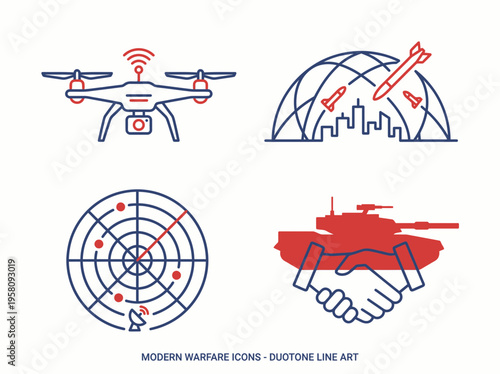 Modern warfare icons including a drone, missiles, radar, and tank with handshake, representing defense, technology, and conflict.