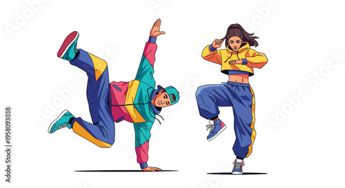 A male and female hip-hop dancer perform dynamic poses in colorful streetwear against a white background.
