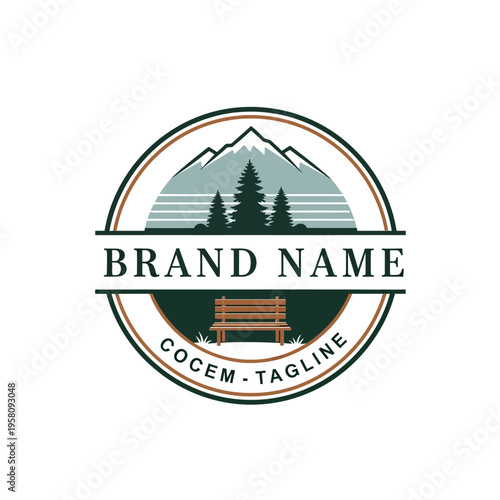 Rustic Wooden Bench in a Serene Mountain Landscape Logo.