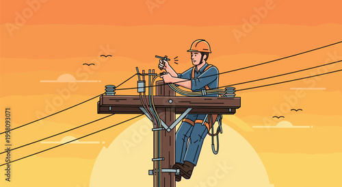A male electrician in a hard hat and harness works on utility pole wires with a tool against a sunset sky.
