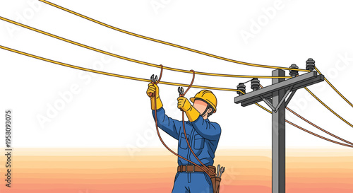 A male electrician in a yellow hard hat and gloves works on overhead power lines with pliers near a utility pole.
