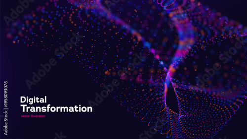 Big Data Abstract Background With Neon Particle Waves And Dynamic Flow. Technology Network Visualization And Digital Innovation Concept. Big Data Solutions And Analytics Trends. Vector Illustration