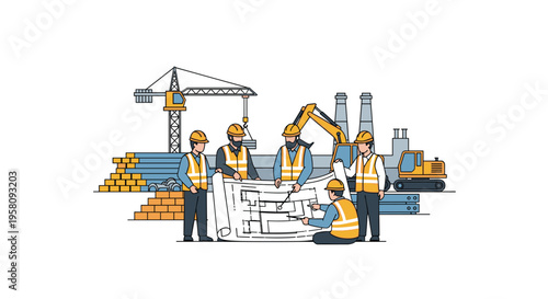 Five construction workers in hardhats review blueprints on an active building site with heavy machinery.