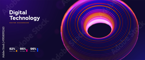 Digital Technology Background With Glowing Neon Torus, Vibrant Dotted Ring, And Futuristic Light Flow On Dark Gradient. Abstract Technology Forms. Vector Illustration.