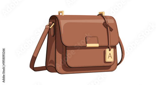 A brown leather shoulder bag with a gold clasp and an 'A' initial tag is displayed.