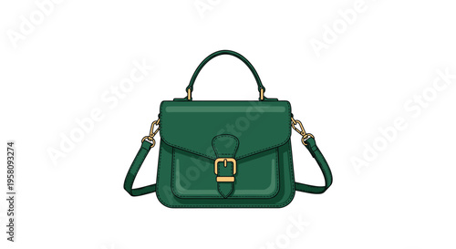 A green leather handbag with a top handle and a gold buckle closure is showcased.