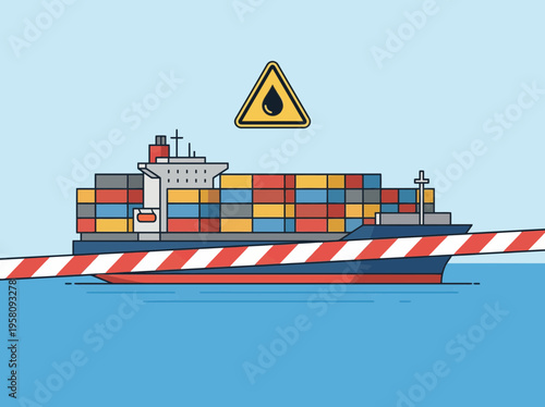 Container ship at sea with a stop tape and warning sign featuring an oil drop, symbolizing restricted maritime shipping, trade blockades, and potential environmental hazards.