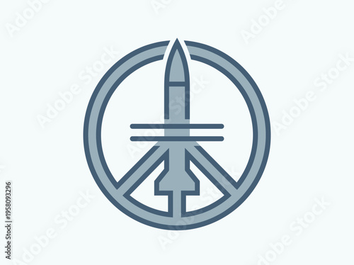 Minimalist icon symbolizing the paradox of peace and war, featuring a missile integrated into a peace sign, representing conflict and disarmament concepts.