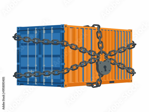 Economic blockade concept: Two shipping containers chained together and secured with a large padlock, symbolizing trade restrictions, import/export control, and financial sanctions.