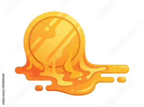 Golden coin melting and dripping like liquid, symbolizing financial loss, currency devaluation, economic crisis, or investment risk.