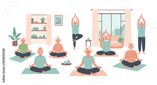 A group of eight elderly individuals practice various yoga poses on colorful mats in a bright room with a window and a bookshelf.