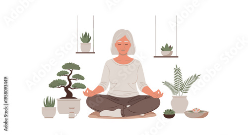 An elderly woman with grey hair meditates in a lotus position on a mat, surrounded by potted plants and succulents against a plain white background.