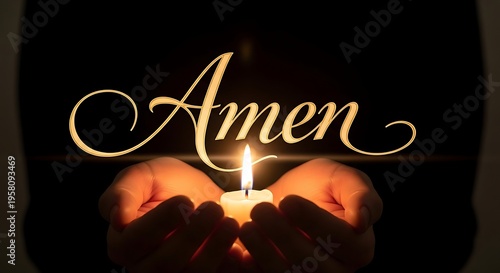 A candle held in cupped hands glowing warmly against a dark backdrop with amen script
