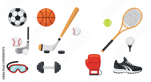 A collection of twelve distinct sports equipment items is neatly arranged across a plain white background.