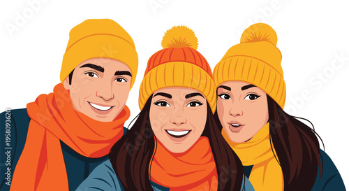 A vibrant close-up selfie captures three smiling young adults, two women and one man, wearing matching orange and yellow winter hats and scarves.