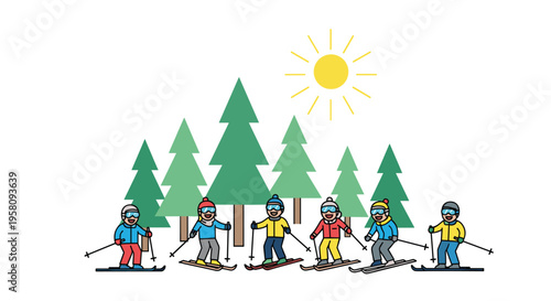 A cheerful group of six cartoon-style individuals, wearing colorful winter gear and skis, descends a gentle snowy slope surrounded by pine trees under a bright sun.