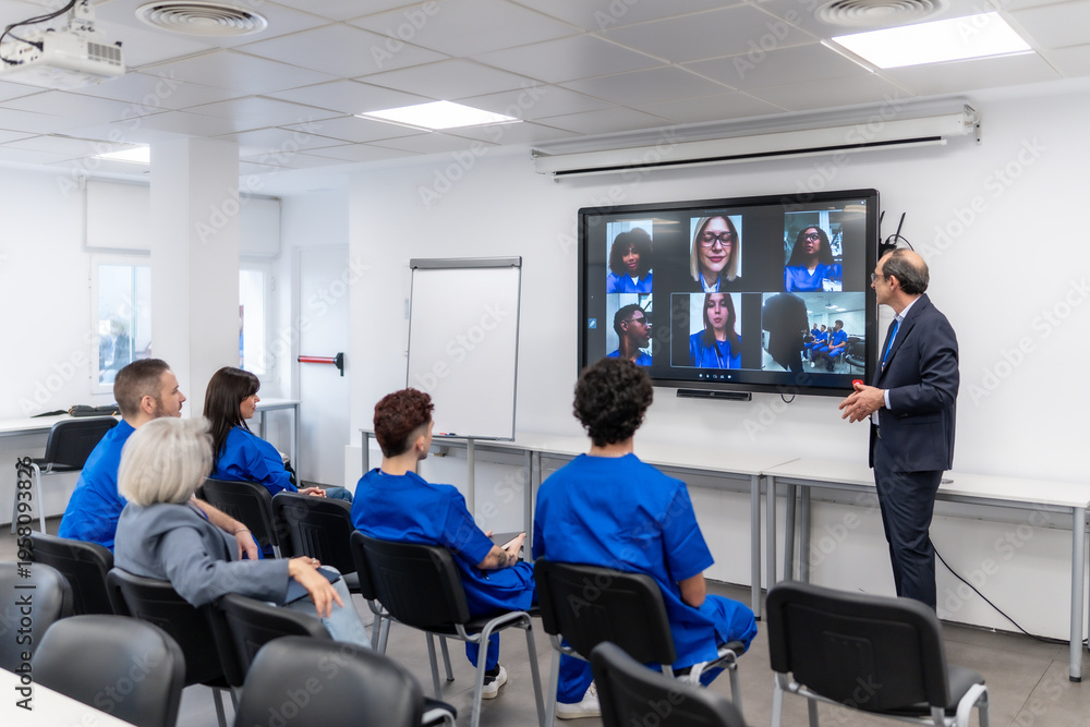Fototapeta premium Medical students learning remotely during online classroom videoconference