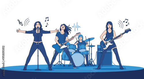 Four female musicians perform on a dark blue stage with a microphone, electric guitar, drum kit, and bass guitar.
