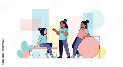 Three young women with buns converse in a setting with abstract pastel geometric shapes and a bench.