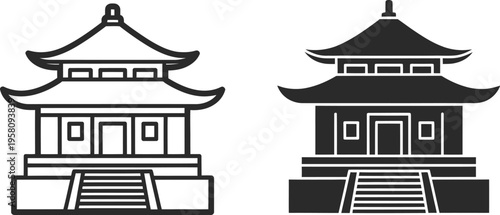 Traditional Asian-style buildings with pagoda roofs stand side by side in a serene environment showcasing architectural details and peaceful atmosphere with stairs and doors.