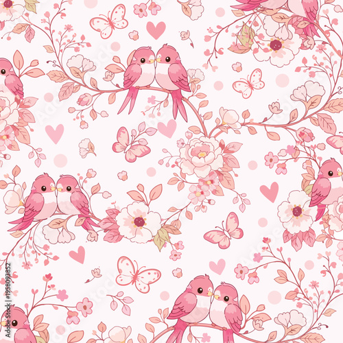 Romantic pink lovebirds in blooming floral garden pattern