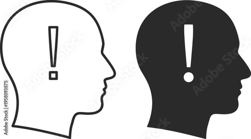 Two human head silhouettes with exclamation marks inside facing right on white background