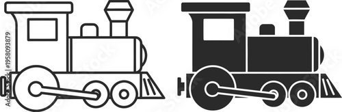 Two train engines are side by side on tracks in a graphic illustration.