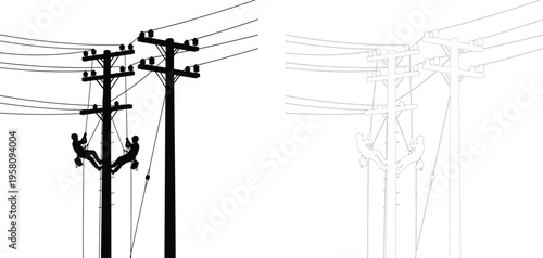 Electric Line Workers Silhouette Linemen Repairing Power Poles Utility Maintenance Vector Illustration