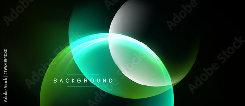 Abstract background features overlapping glowing circles. Green, white hues create modern visual effect. Text reads background.