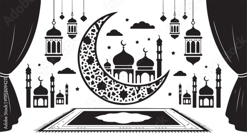 Islamic ramadan crescent moon mosque lanterns hanging curtains prayer mat