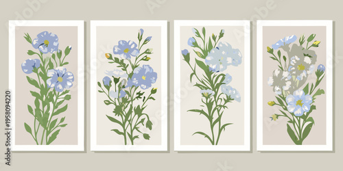 Four botanical wall art panels featuring delicate blue forget me not flowers
