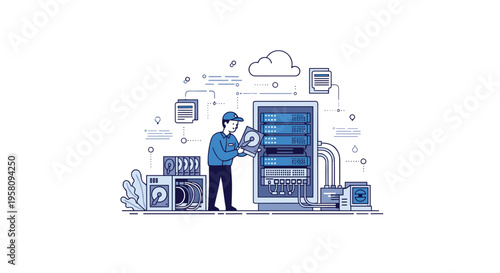 A man in a blue uniform holds a hard drive while working on a server rack with cables and data icons.